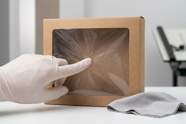 White-gloved hand pressing a flexible clear window patch on a brown kraft display box, with a grey microfiber cloth.