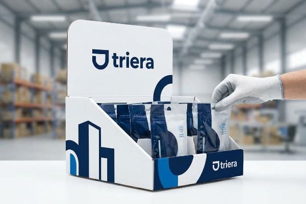 A gloved hand places a product pouch into a Triera point of purchase display, showcasing retail-ready fixtures in a warehouse setting.