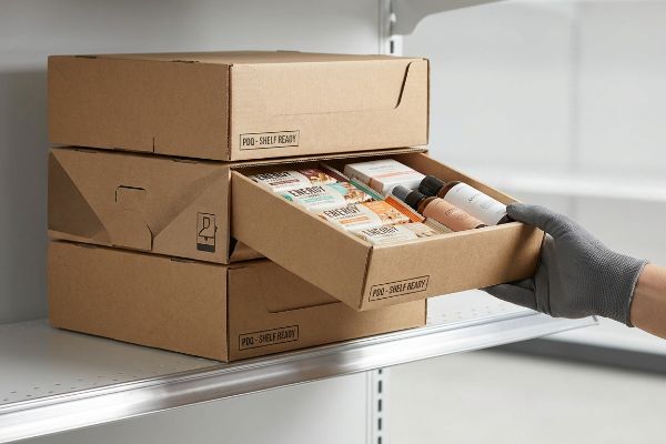 A gloved hand pulls a 'PDQ - Shelf Ready' corrugated cardboard box, filled with 'Energy' bars and small bottles, from a stack on a retail shelf.