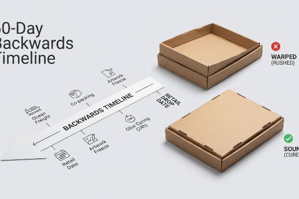 A 60-Day Backwards Timeline graphic shows steps like Glue Curing (24h), next to Warped (Rushed) and Sound (Cured) cardboard trays.