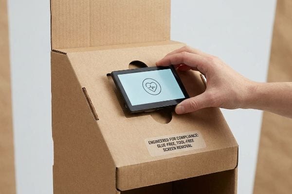 Glue-Free Screen Removal Hand inserting digital screen into corrugated display, featuring "Engineered For Compliance: Glue-Free, Tool-Free Screen Removal" text.