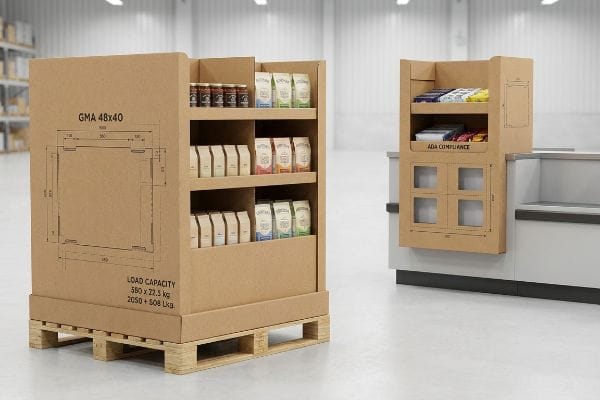 Corrugated cardboard GMA 48x40 pallet display showing Load Capacity, next to an ADA Compliance counter unit.