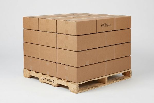 Brown corrugated master cartons stacked on a GMA 48x40 pallet, featuring an ECT certified box, for Walmart secondary packaging.