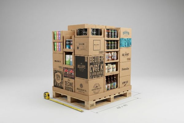 Brown corrugated cardboard retail display on a GMA 48x40 wooden pallet, featuring Beller's, Cvge K, Decine Hoton, and Frikwater products, with a measuring tape.