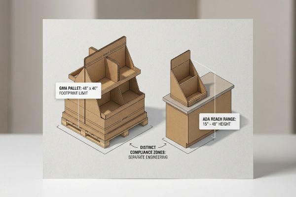 Corrugated displays detail Gma Pallet 48x40 footprint and Ada Reach Range 15-48 height for distinct retail compliance.