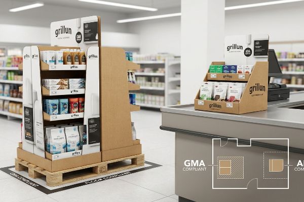 Grillun cardboard pallet merchandiser and countertop display highlighting GMA and ADA compliance in a retail store.