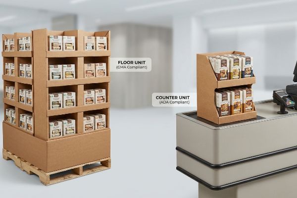 Corrugated cardboard Floor Unit (CMA Compliant) on a pallet and Counter Unit (ADA Compliant) on a checkout counter, both displaying retail products.