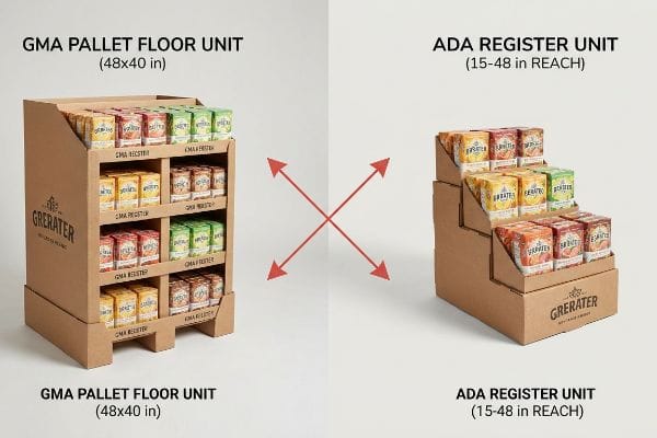 GMA ADA Displays Cardboard GMA Pallet Floor Unit (48x40 in) and ADA Register Unit (15-48 in Reach) displays, filled with Grater products, showing distinct POSM types.