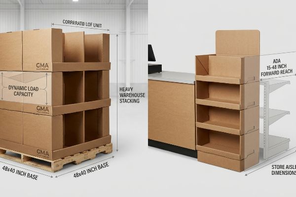 Corrugated displays: GMA 48x40 inch pallet for heavy warehouse stacking, ADA 15-48 inch counter.