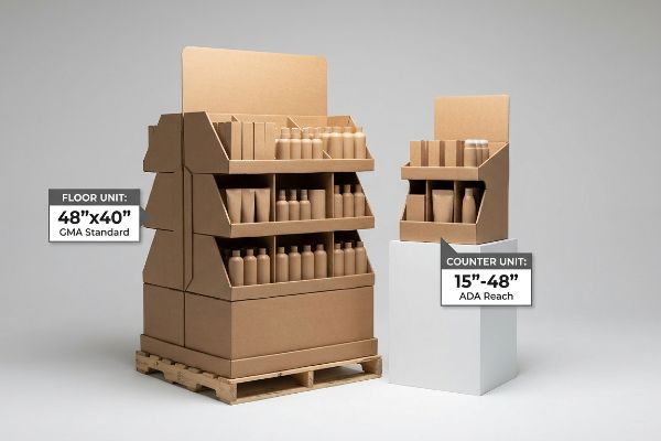Two corrugated cardboard retail displays: a Floor Unit 48