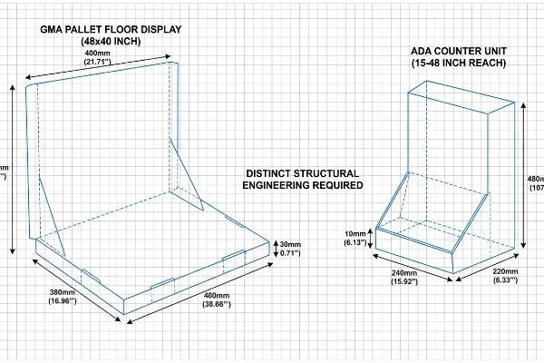 Technical drawing of GMA Pallet Floor Display (48x40 inch) and ADA Counter Unit (15-48 inch reach), showing distinct structural engineering dimensions.