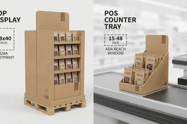 Brown corrugated POP display (48x40 inch GMA footprint) and POS counter tray (15-48 inch ADA reach window) with product pouches.
