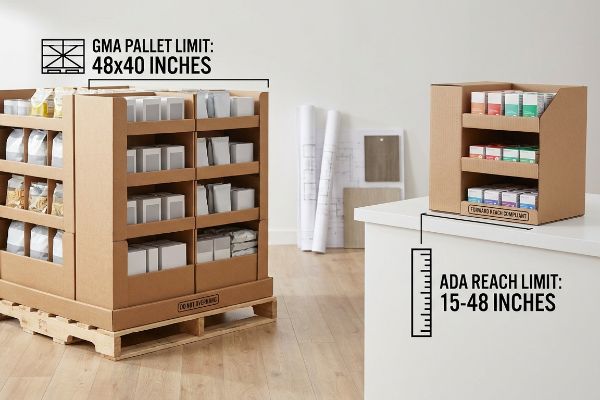 Natural corrugated cardboard retail displays illustrating Gma Pallet Limit: 48x40 Inches and Ada Reach Limit: 15-48 Inches.