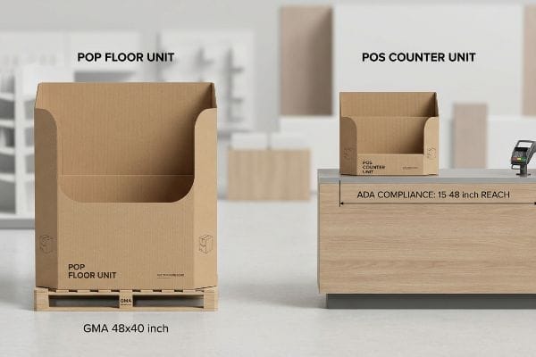 Natural corrugated cardboard Pop Floor Unit on a GMA 48x40 inch pallet, alongside a Pos Counter Unit on a wooden counter, highlighting ADA 15-48 inch reach compliance.