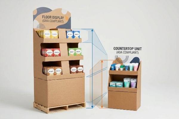 Brown corrugated floor display (GMA Compliant) on a pallet and a countertop unit (ADA Compliant) with products, highlighting distinct retail spatial engineering.