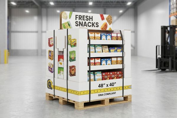 White corrugated pallet display on a wooden base, featuring Fresh Snacks, 48