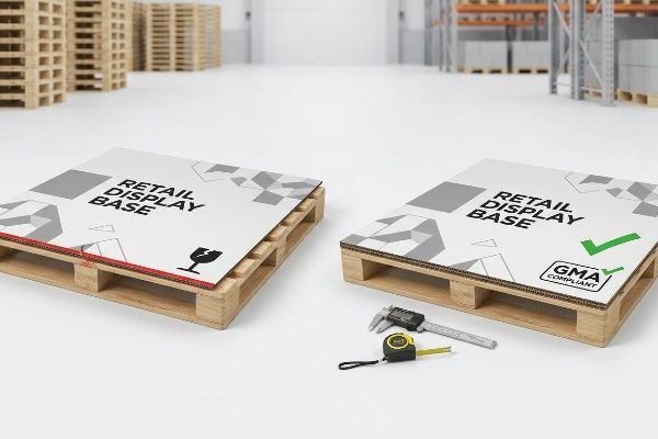 GMA Compliant Retail Display Base on a pallet, with a caliper and tape measure, next to a non-compliant base.