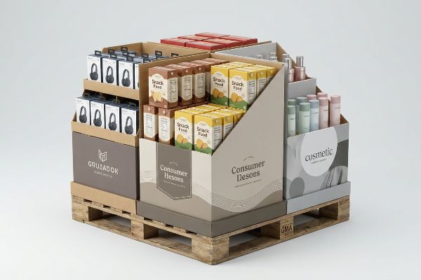 Wooden GMA pallet holding a multi-brand fractional display with Gruladok headphones, Snack Food, and Cosmetic products.