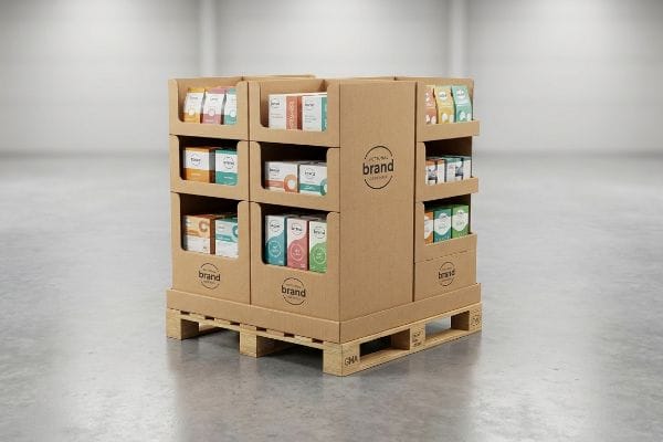 Ce présentoir de vente au détail en carton ondulé, composé d'une demi-palette et comportant plusieurs étagères de boîtes de produits de marque, repose sur une palette en bois GMA dans un entrepôt.