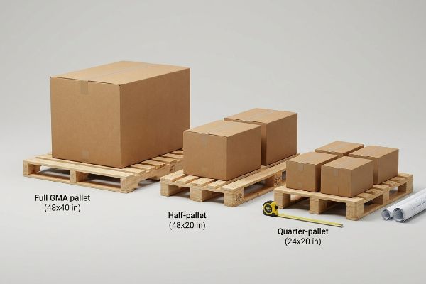 Three wooden pallets: Full GMA (48x40 in), Half-pallet (48x20 in), and Quarter-pallet (24x20 in) with cardboard boxes and a measuring tape.