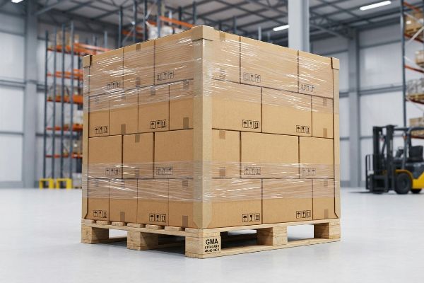 Shrink-wrapped cardboard boxes stacked on a Gma 48x40 wooden pallet in a warehouse.