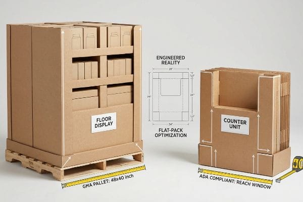 Conformité des présentoirs de comptoir Présentoir de sol en carton ondulé sur une palette GMA de 48 x 40 pouces et un comptoir optimisé en kit, présentant Engineered Reality et une fenêtre de portée conforme à l'ADA.