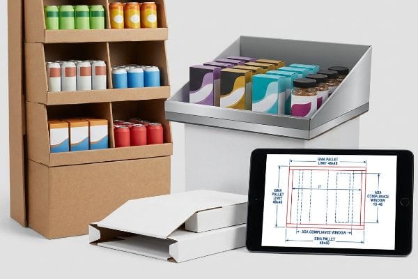 Brown corrugated cardboard floor display and a metal-edged countertop display, alongside flat-packed boxes and a tablet showing a diagram with 