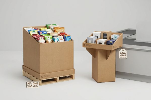Natural kraft corrugated cardboard floor bin on a GMA pallet with snacks, beside an ADA Reach Compliant counter display with small electronics.