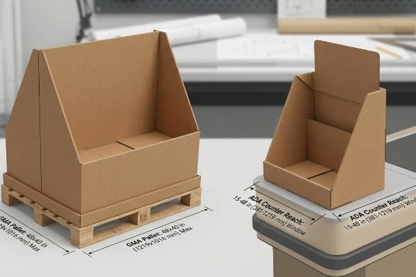 Natural brown corrugated cardboard floor display on a GMA Pallet (48x40 in) next to a counter display with ADA Counter Reach (15-48 in) dimensions.