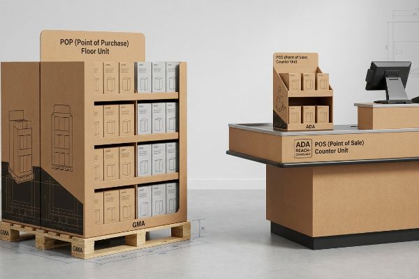 Brown cardboard POP (Point of Purchase) Floor Unit on a GMA pallet and an ADA-compliant POS (Point of Sale) Counter Unit on a retail register.