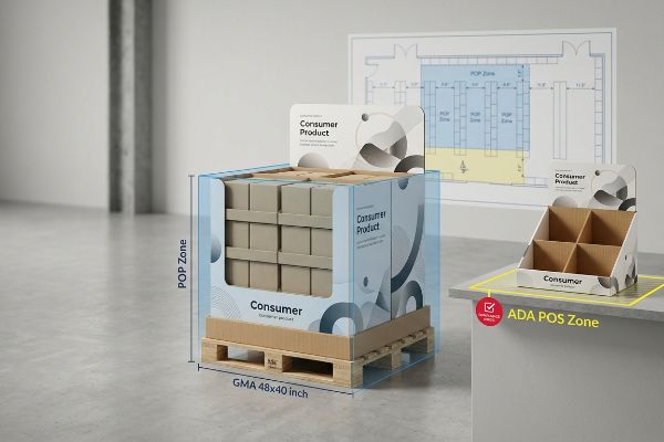 A large Pop Zone pallet display, Gma 48x40 Inch, filled with Consumer Product boxes, stands beside a smaller Ada Pos Zone counter display, highlighting retail compliance for store layouts.