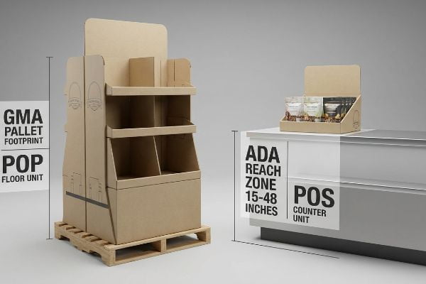 Brown corrugated cardboard POP Floor Unit on a GMA Pallet Footprint and a POS Counter Unit with snacks, showing ADA Reach Zone 15-48 Inches.