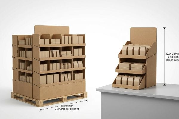 Corrugated cardboard floor display on 48x40 Inch Gma Pallet Footprint, alongside countertop display with Ada Comp 15-48 Inch Reach Window.