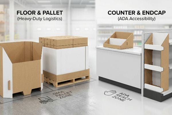 Brown cardboard Floor & Pallet displays (GMA Pallet Zone) and Counter & Endcap displays (ADA Reach Zone).