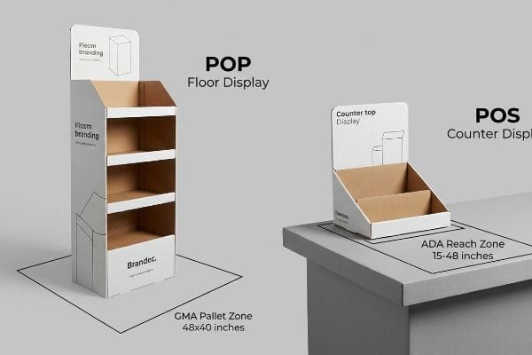 Présentoir de sol PLV et présentoir de comptoir en carton ondulé blanc, illustrant la zone de palettes GMA 48x40 pouces et la zone de portée ADA 15-48 pouces.