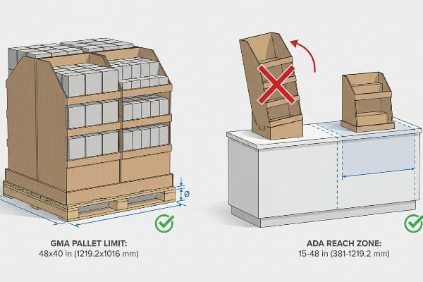 Cardboard retail displays illustrate GMA Pallet Limit 48x40 in for floor units and ADA Reach Zone 15-48 in for stable counter displays, contrasting an unstable, improperly scaled unit.