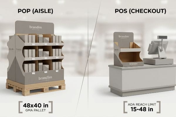 Brandim Branclim POP aisle display on a 48x40 inch GMA pallet next to a POS checkout unit with ADA reach limit 15-48 inches.