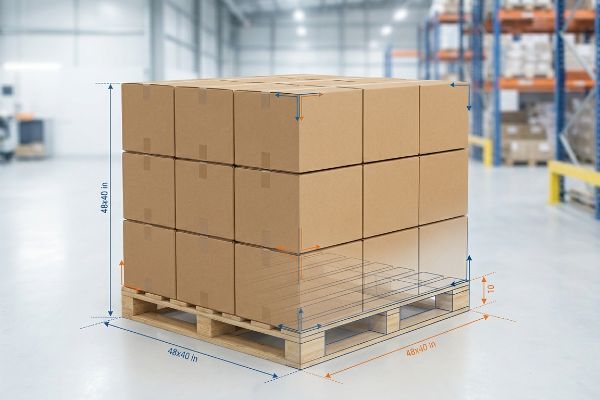 茶色の段ボール箱が48×40インチのGMAパレットに積み重ねられており、倉庫における標準的な段ボール箱の寸法を示している。.