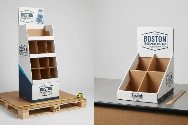 Corrugated Boston Checkout Display floor unit on a GMA 48x40 inch pallet, alongside a smaller counter display with a ruler.
