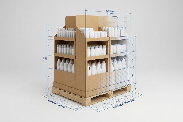 Corrugated cardboard retail display on a wooden pallet, featuring white product bottles and blue blueprint overlays showing a 48x40 inch Footprint and GMA Pallet Compliant dimensions.