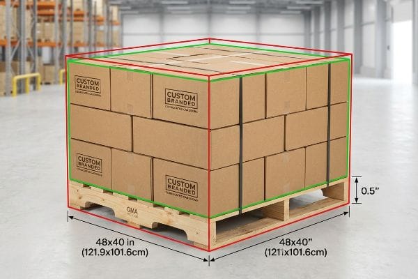 A wooden GMA pallet supports custom branded corrugated boxes, illustrating a 0.5-inch overhang with 48x40 inch dimensions.