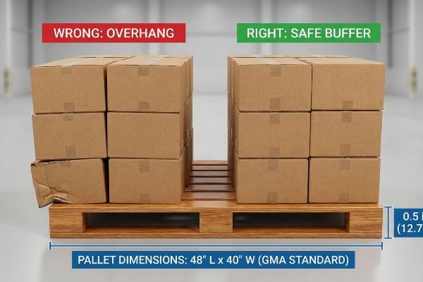 Wooden pallet demonstrating correct 0.5-inch safe buffer for 48x40 GMA standard corrugated boxes versus incorrect overhang causing damage.