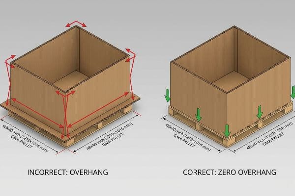 Zero Overhang Protocol GMA Pallet diagram compares Incorrect Overhang (red arrows) with Correct Zero Overhang (green arrows) for a cardboard box.