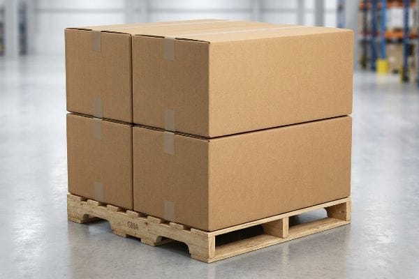 Cuatro cajas de cartón corrugado marrón apiladas sobre un palé de madera Gma en un almacén.