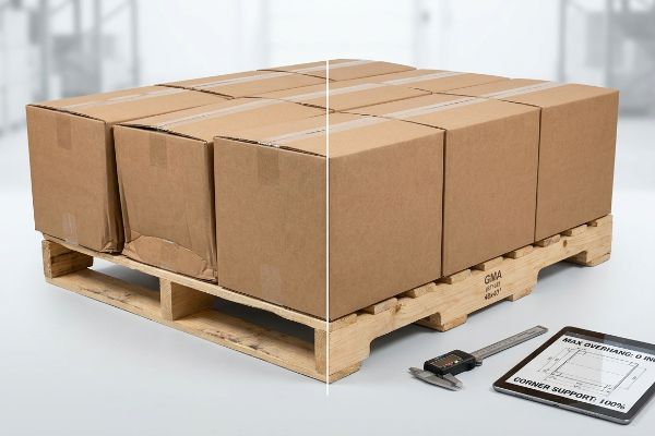 A wooden GMA 48x40 pallet split-view, contrasting carton overhang with zero-overhang alignment, featuring a caliper and tablet showing 'Max Overhang: 0 Inches' and 'Corner Support: 100%'.
