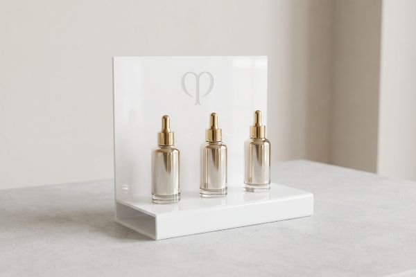 Three gold dropper bottles on a white minimalist countertop display with a subtle CP logo, ideal for luxury salons.