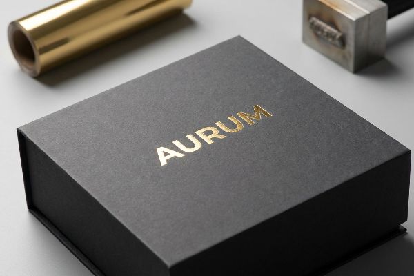 Dark grey box with 'Aurum' gold foil stamping, alongside a gold foil roll and metal die.
