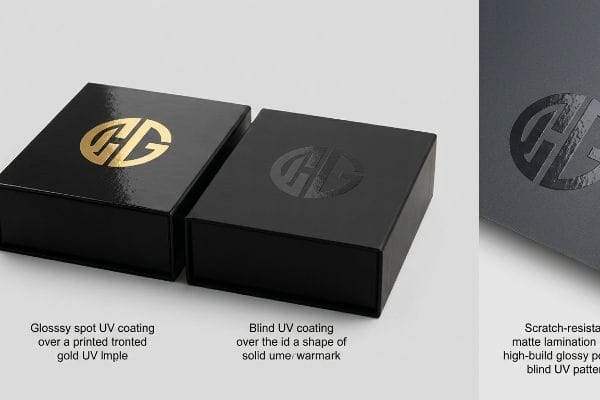 Black packaging with glossy spot UV gold logo, blind UV watermark, and high-build glossy blind UV on matte lamination.