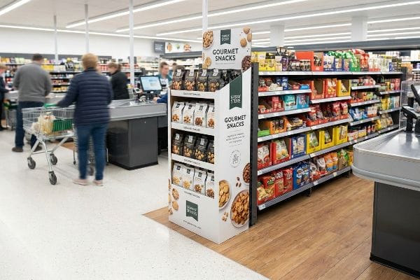 A busy supermarket checkout area features a white Gourmet Store free-standing display unit, showcasing Gourmet Snacks near checkout queues.