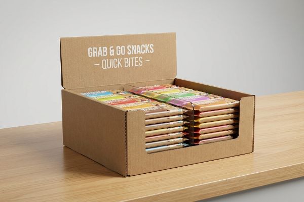 Corrugated PDQ display box filled with colorful Grab & Go Snacks - Quick Bites snack bars on a wooden counter.